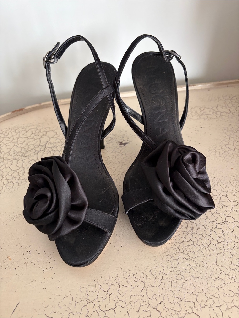 Mugnai - Black Satin Rose Slingback Sandals